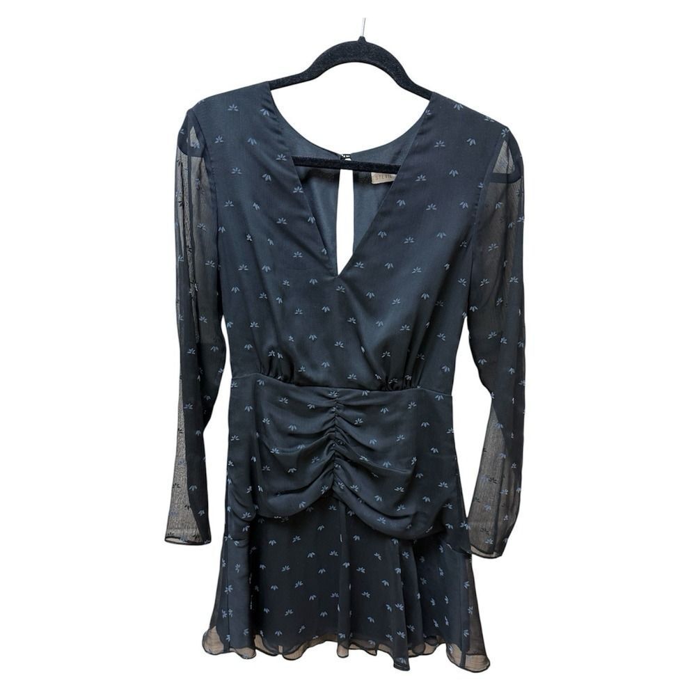 Stevie May Black Sheer Sleeve Mini Dress Ruched Waist Romantic Boho Sz S